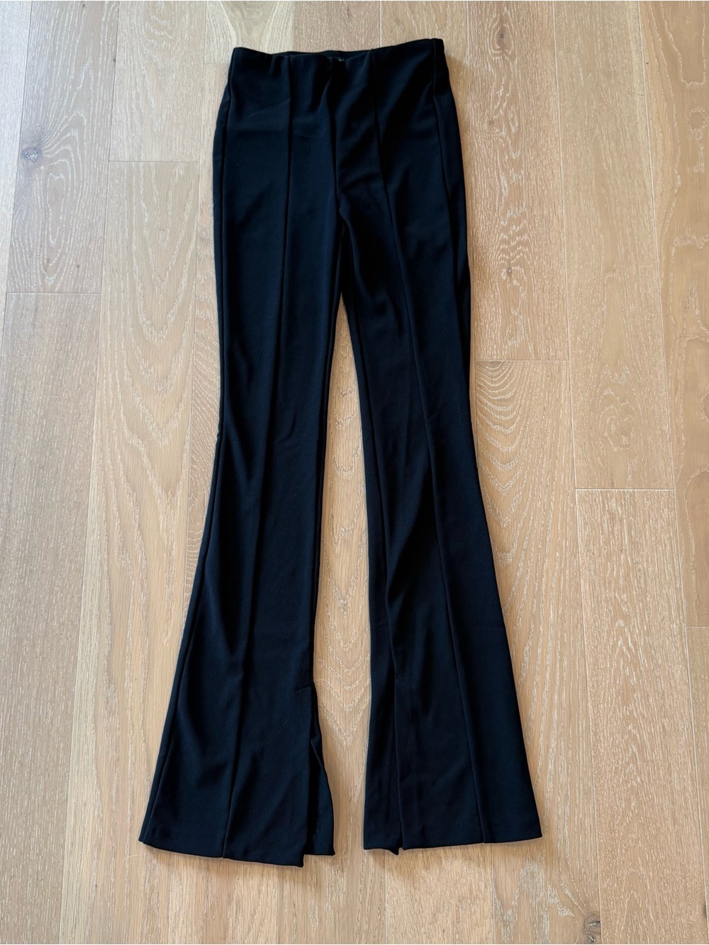 Zara Black Flared Baby rib Knit Pants front seam details and slits